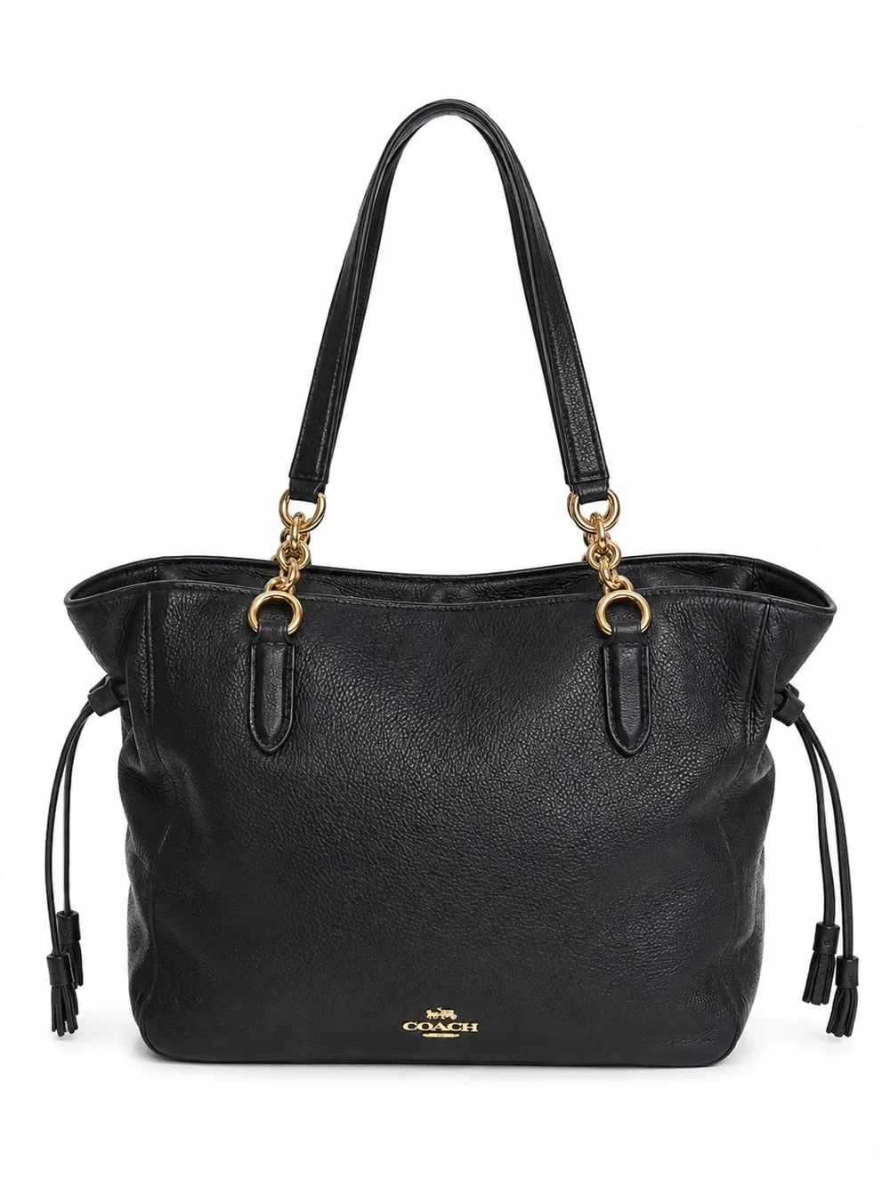 Coach Black Pebbled Leather Tote Bag Gold Chain Shoulder Purse